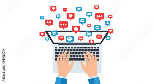 A pair of hands types on a grey laptop keyboard while numerous red and blue social media icons float dynamically above the screen on a white background.