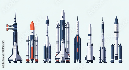 Collection of various rockets and spacecraft lined up.