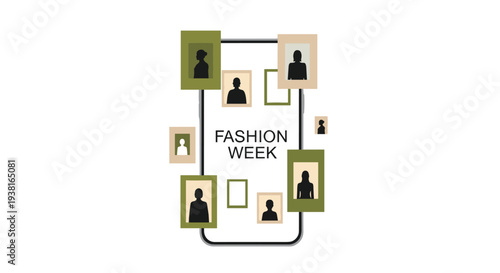 A minimalist smartphone outline contains numerous framed silhouettes of people in muted green and beige tones, with FASHION WEEK text, all on a white background.