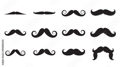 Mustache styles set with black silhouettes, including chevron, handlebar, and walrus designs for diverse looks