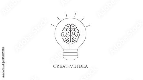 Light bulb containing a brain, symbolizing creativity and new ideas, presented in a minimalist outline style on a white background.