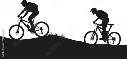 Mountain bike riders cycling on uphill forest trail vector illustration, black silhouette icons for outdoor sports