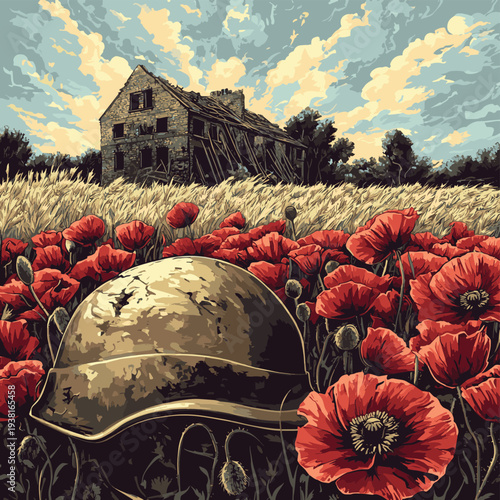 A helmet and poppies in a field with a dilapidated building in the background. , vector style simple color