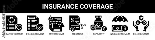 Insurance Coverage web banner icon vector illustration concept with icons of health insurance, policy document, coverage limit, deductible amount, copayment, insurance premium, and policy benefits.