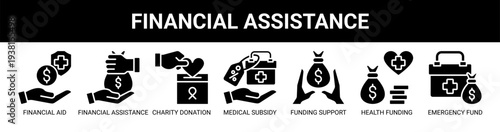 Financial Assistance web banner icon vector illustration concept with icons of financial aid, financial assistance, charity donation, medical subsidy, funding support, health funding, emergency fund.