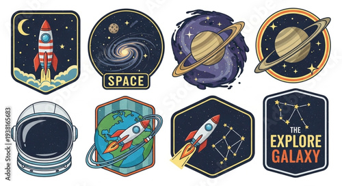 Collection of space themed patches and stickers.