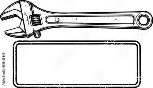 Vintage Adjustable Wrench Tool Banner Mechanic Label Vector Illustration