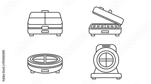 Waffle maker and sandwich press with various cooking plates and a unique circular grill design for diverse kitchen use.