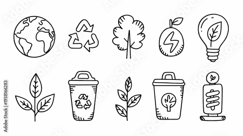 Eco friendly icons set including recycling symbols globe leaf light bulb trash cans and sustainable living concepts for environmental conservation
