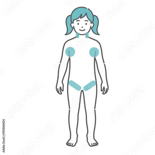 女の子（子供）の人体図イラスト（熱中症・発熱時の冷やすポイント・応急処置）