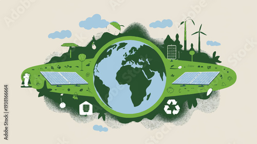 Sustainable earth with renewable energy sources and eco friendly infrastructure green globe with solar panels and wind turbines environmentally conscious concept art