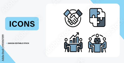 Business Icon Set: A modern and visually appealing collection of business-themed icons, representing collaboration, agreement, growth, and teamwork.