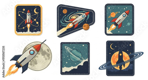 Collection of Retro Space Rocket Patches and Stickers.