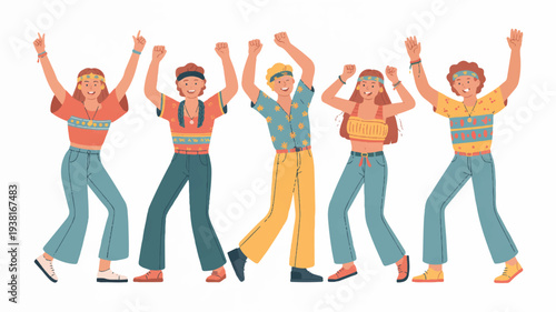 Group of diverse young adults celebrating together jumping with arms raised in joy and unity wearing casual colorful clothing against a white background