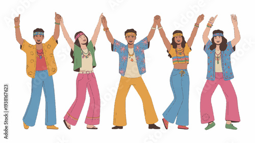 Group of five young adults celebrating together with hands raised in joy and friendship wearing vibrant casual clothing against a white background