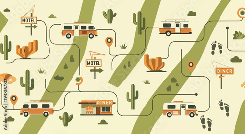 Retro RV road trip through a desert landscape with motels, diners, and cacti, illustrating travel and adventure.