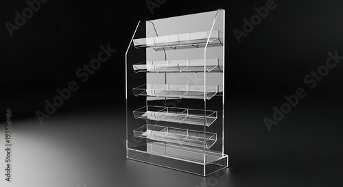 Clear acrylic display rack with multiple shelves for showcasing products in retail stores or exhibitions  empty and isolated