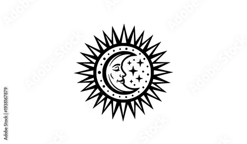 Celestial Tribal Sun and Moon Emblem Tattoo Style Vector Illustration Isolated on White
