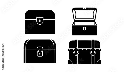 Dower Chest Silhouette Icon Set Vector Black Minimal Treasure Chest Symbols on White
