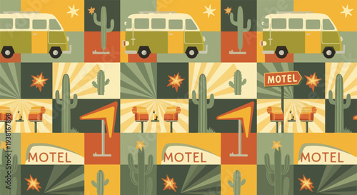 Retro 1970s Desert Road Trip Pattern with Vintage Camper Van, Cactus, and Motel Sign