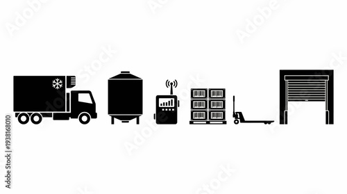Vector illustration depicting the interconnected elements of a modern logistics and supply chain, featuring refrigerated transport, industrial storage, and warehouse operations