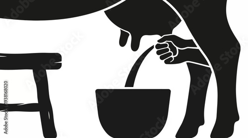 Milking a Cow into a Bucket A Traditional Agricultural Scene Depicting Dairy Farming Practices