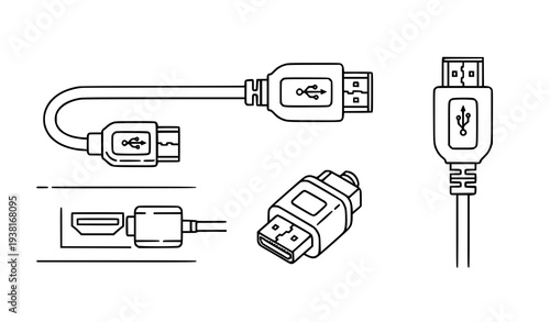 HDMI Cable Outline Icon Thin Line Vector Illustration Tech Connection Symbol Isolated on White