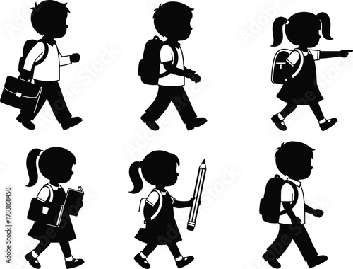 School children silhouette set, kids walking with backpacks books and pencil, student education icons isolated collection, flat vector illustration