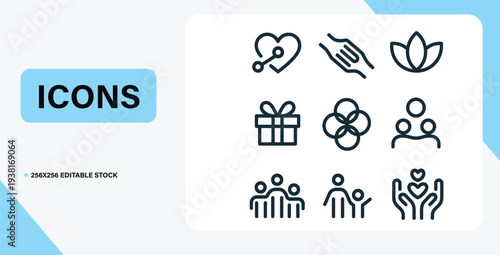 Iconic Expressions: A collection of simple, black outline icons representing core concepts such as care, unity, and growth, lending themselves to web design, application interface.