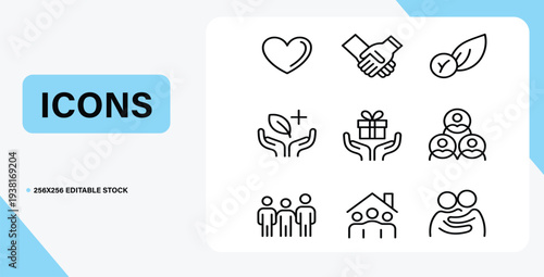 Vector Icons on White Background: A collection of simple, modern vector icons illustrating concepts like love, agreement, and community support, designed with clean lines and a minimalist aesthetic.