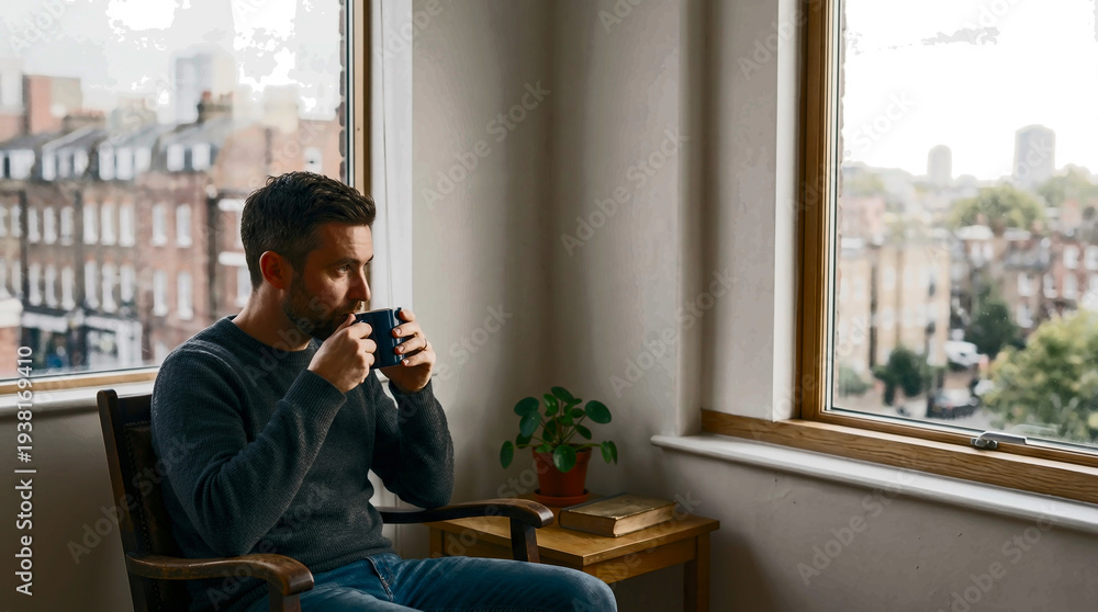 Fototapeta premium Man sitting by window and drinking coffee at home
