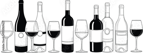 Wine bottles and glasses collection, red and white wine drink set, alcohol beverage display, winery drink concept flat vector illustration