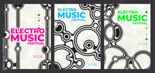 Abstract music poster with colorful geometric patterns, retro vector background set. Modern sound design for party flyers, concert invitations, electronic music events with spheres, balls or bubbles