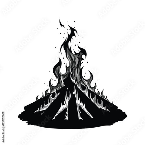 Volcanic eruption illustration with flames and smoke on white background