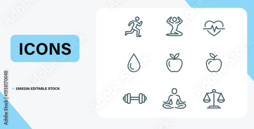Healthy Lifestyle Icons: A collection of meticulously crafted icons represents facets of a wellness-focused lifestyle, designed to promote a healthier, balanced existence.