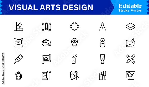 Professional Visual Arts Design Line Icon Pack Featuring Modern Minimalist Vector Icons for Creative Industry and Artistic Digital Projects with Unique Clean Outlines