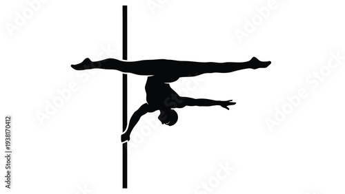 Pole dancing silhouette of young woman performing acrobatic trick on vertical pole
