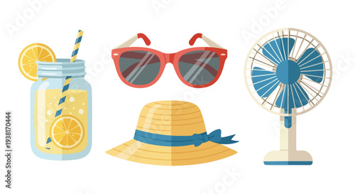 Flat lay illustration of summer accessories including a drink, sunglasses, hat, and fan on a white background with a colorful and refreshing mood.