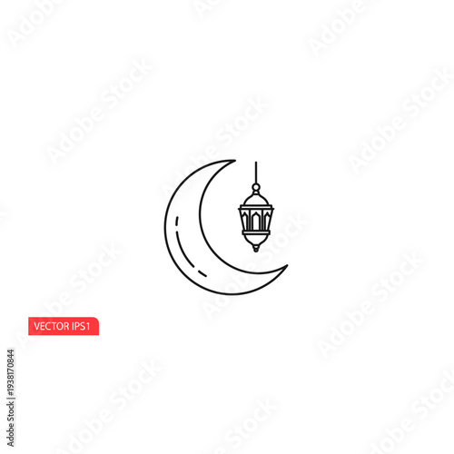 Islamic Crescent Moon and Lantern Icon, Ramadan Mubarak Symbol