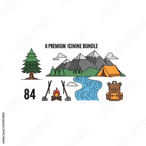 Pixel Art Camping Scene with River, Tent, Mountains, and Backpack