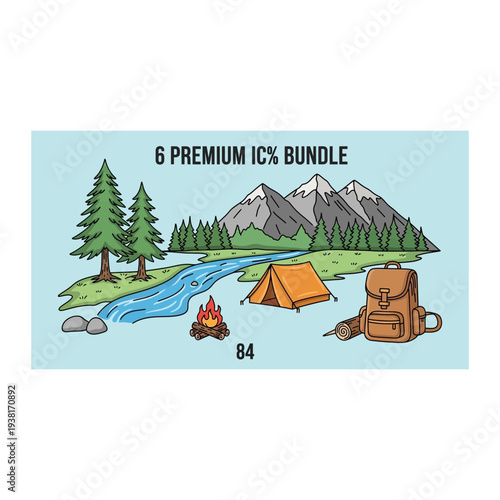 Illustration of a Lakeside Camping Scene with Mountains and Tent