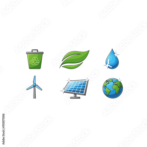 Eco-Friendly Icons: Recycle, Leaf, Water, Wind, Solar, Earth