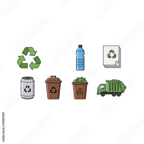 Recycling Icons: Arrows, Bottle, Paper, Can, Bins, Truck