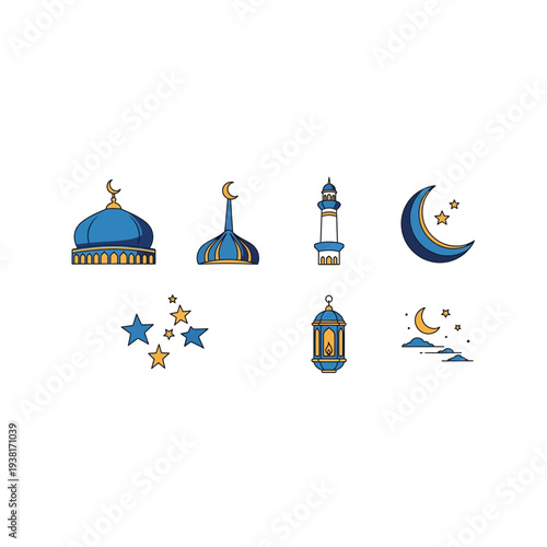 Ramadan Kareem Elements: Mosque, Moon, Stars, Lantern & Crescent - Pixel Art