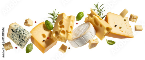 Various cheese types with herbs and spices on white background