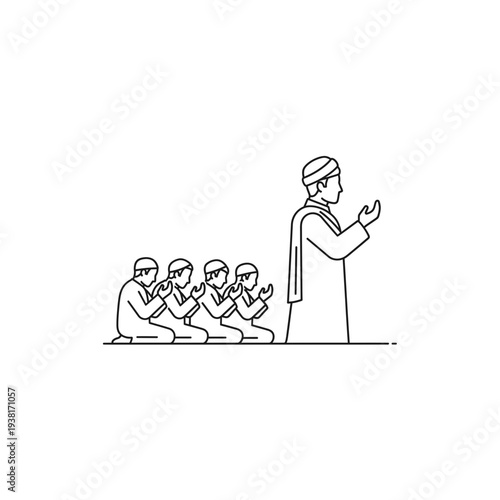 Islamic Prayer Line Art: Imam Leading Congregation in Worship