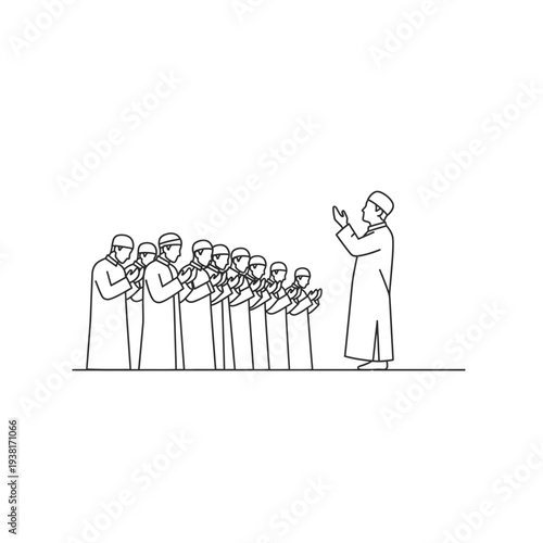 Islamic Prayer Line Art: Men and Boys Following Imam's Lead
