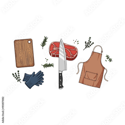 Meat Preparation Scene: Knife, Raw Beef, Gloves, Apron, Herbs & Spices