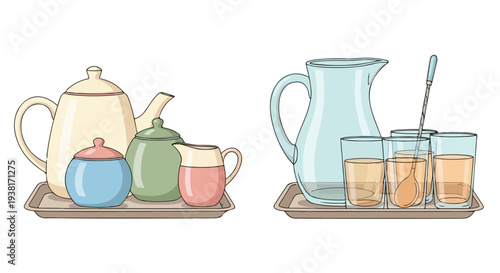 Flat lay illustration of two wooden trays holding colorful tea and juice sets on a white background with a warm and inviting mood.