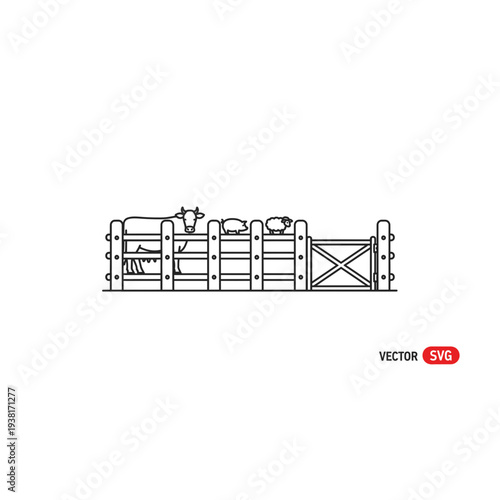 Farm Animals in Wooden Pens, Rural Livestock Scene